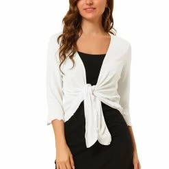 Allegra K Women's Open Front Shrug Cardigans Self Tie Lightweight 3/4 Sleeve Cardigan