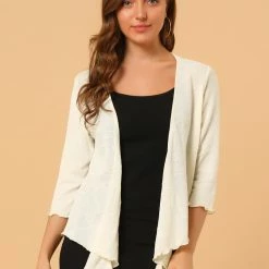 Allegra K Women's Open Front Shrug Cardigans Self Tie Lightweight 3/4 Sleeve Cardigan