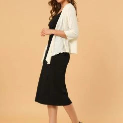 Allegra K Women's Open Front Shrug Cardigans Self Tie Lightweight 3/4 Sleeve Cardigan