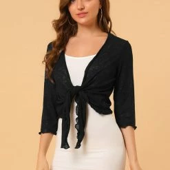 Allegra K Women's Open Front Shrug Cardigans Self Tie Lightweight 3/4 Sleeve Cardigan