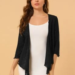 Allegra K Women's Open Front Shrug Cardigans Self Tie Lightweight 3/4 Sleeve Cardigan