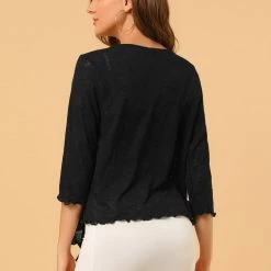 Allegra K Women's Open Front Shrug Cardigans Self Tie Lightweight 3/4 Sleeve Cardigan