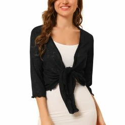Allegra K Women's Open Front Shrug Cardigans Self Tie Lightweight 3/4 Sleeve Cardigan