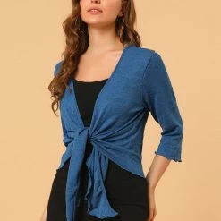 Allegra K Women's Open Front Shrug Cardigans Self Tie Lightweight 3/4 Sleeve Cardigan