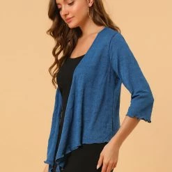 Allegra K Women's Open Front Shrug Cardigans Self Tie Lightweight 3/4 Sleeve Cardigan