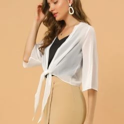Allegra K Women's Chiffon Sheer Cardigan 3/4 Sleeve Cropped Tie Front Bolero Shrug 26 Allegra K Women's Chiffon Sheer Cardigan 3/4 Sleeve Cropped Tie Front Bolero Shrug
