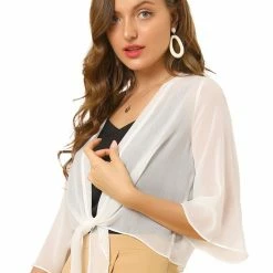Allegra K Women's Chiffon Sheer Cardigan 3/4 Sleeve Cropped Tie Front Bolero Shrug 22 Allegra K Women's Chiffon Sheer Cardigan 3/4 Sleeve Cropped Tie Front Bolero Shrug