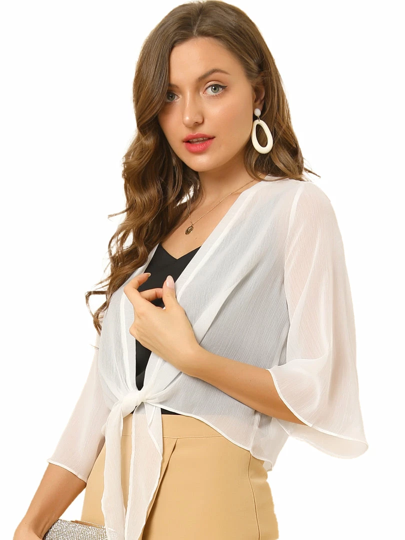 Allegra K Women's Chiffon Sheer Cardigan 3/4 Sleeve Cropped Tie Front Bolero Shrug 10 Allegra K Women's Chiffon Sheer Cardigan 3/4 Sleeve Cropped Tie Front Bolero Shrug