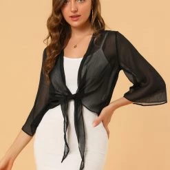 Allegra K Women's Chiffon Sheer Cardigan 3/4 Sleeve Cropped Tie Front Bolero Shrug 18 Allegra K Women's Chiffon Sheer Cardigan 3/4 Sleeve Cropped Tie Front Bolero Shrug