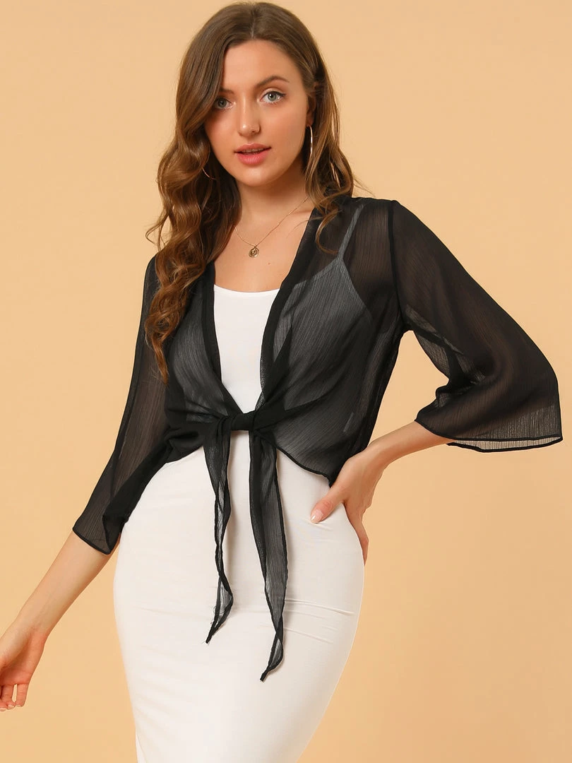 Allegra K Women's Chiffon Sheer Cardigan 3/4 Sleeve Cropped Tie Front Bolero Shrug 6 Allegra K Women's Chiffon Sheer Cardigan 3/4 Sleeve Cropped Tie Front Bolero Shrug