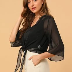 Allegra K Women's Chiffon Sheer Cardigan 3/4 Sleeve Cropped Tie Front Bolero Shrug 19 Allegra K Women's Chiffon Sheer Cardigan 3/4 Sleeve Cropped Tie Front Bolero Shrug