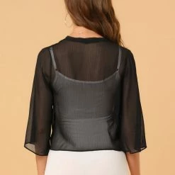 Allegra K Women's Chiffon Sheer Cardigan 3/4 Sleeve Cropped Tie Front Bolero Shrug 20 Allegra K Women's Chiffon Sheer Cardigan 3/4 Sleeve Cropped Tie Front Bolero Shrug
