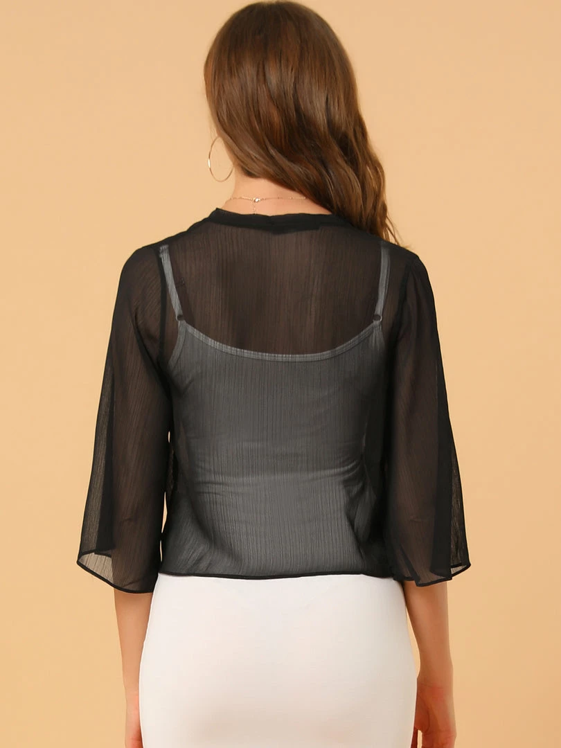 Allegra K Women's Chiffon Sheer Cardigan 3/4 Sleeve Cropped Tie Front Bolero Shrug 8 Allegra K Women's Chiffon Sheer Cardigan 3/4 Sleeve Cropped Tie Front Bolero Shrug