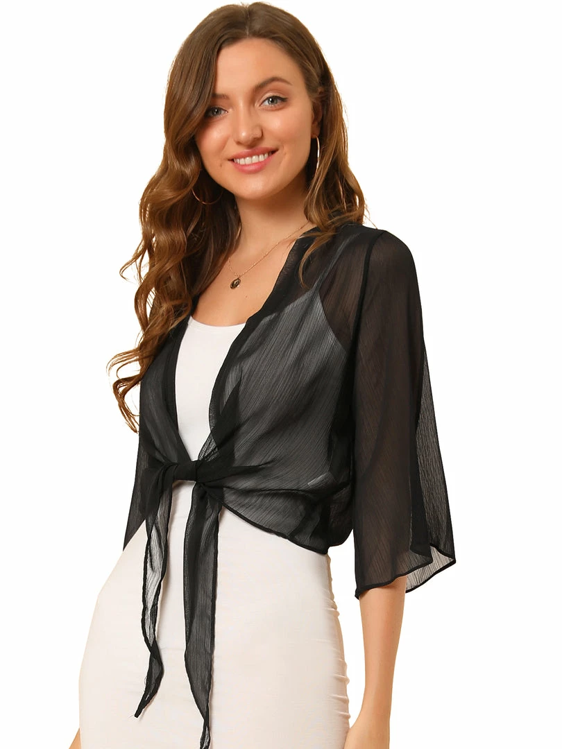 Allegra K Women's Chiffon Sheer Cardigan 3/4 Sleeve Cropped Tie Front Bolero Shrug 4 Allegra K Women's Chiffon Sheer Cardigan 3/4 Sleeve Cropped Tie Front Bolero Shrug