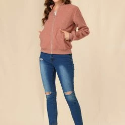 Allegra K Women's Fuzzy Long Sleeve Casual Zip Up Bomber Jacket With Pockets