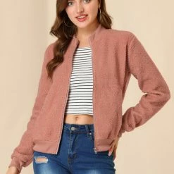 Allegra K Women's Fuzzy Long Sleeve Casual Zip Up Bomber Jacket With Pockets