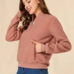 Allegra K Women's Fuzzy Long Sleeve Casual Zip Up Bomber Jacket With Pockets