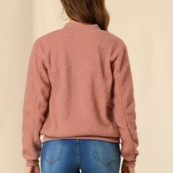Allegra K Women's Fuzzy Long Sleeve Casual Zip Up Bomber Jacket With Pockets