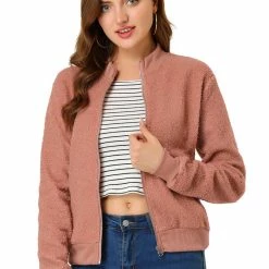 Allegra K Women's Fuzzy Long Sleeve Casual Zip Up Bomber Jacket With Pockets
