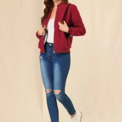 Allegra K Women's Fuzzy Long Sleeve Casual Zip Up Bomber Jacket With Pockets