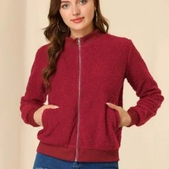 Allegra K Women's Fuzzy Long Sleeve Casual Zip Up Bomber Jacket With Pockets