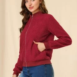 Allegra K Women's Fuzzy Long Sleeve Casual Zip Up Bomber Jacket With Pockets