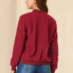 Allegra K Women's Fuzzy Long Sleeve Casual Zip Up Bomber Jacket With Pockets