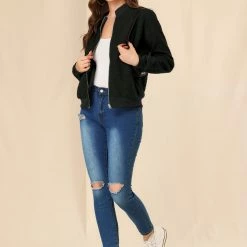 Allegra K Women's Fuzzy Long Sleeve Casual Zip Up Bomber Jacket With Pockets