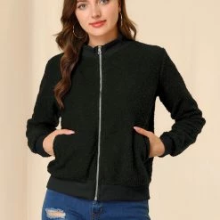 Allegra K Women's Fuzzy Long Sleeve Casual Zip Up Bomber Jacket With Pockets