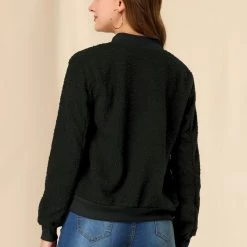 Allegra K Women's Fuzzy Long Sleeve Casual Zip Up Bomber Jacket With Pockets