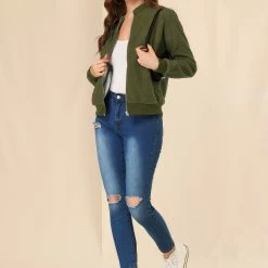 Allegra K Women's Fuzzy Long Sleeve Casual Zip Up Bomber Jacket With Pockets