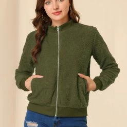 Allegra K Women's Fuzzy Long Sleeve Casual Zip Up Bomber Jacket With Pockets