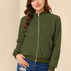 Allegra K Women's Fuzzy Long Sleeve Casual Zip Up Bomber Jacket With Pockets