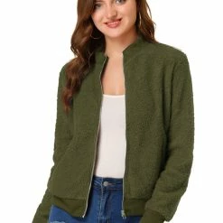 Allegra K Women's Fuzzy Long Sleeve Casual Zip Up Bomber Jacket With Pockets