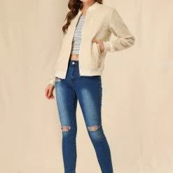 Allegra K Women's Fuzzy Long Sleeve Casual Zip Up Bomber Jacket With Pockets