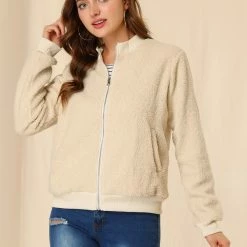 Allegra K Women's Fuzzy Long Sleeve Casual Zip Up Bomber Jacket With Pockets