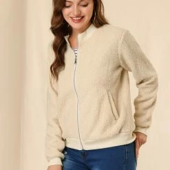 Allegra K Women's Fuzzy Long Sleeve Casual Zip Up Bomber Jacket With Pockets