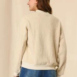 Allegra K Women's Fuzzy Long Sleeve Casual Zip Up Bomber Jacket With Pockets