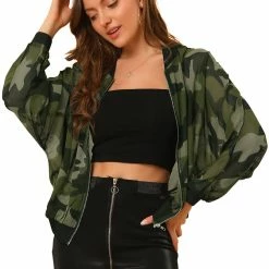 Allegra K Women's Camouflage Paint Long Sleeve Zipper Elastic Camo Lightweight Jacket