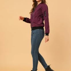 Allegra K Women's Windbreaker Outerwear With Pockets Casual Lightweight Zip Up Bomber Jacket