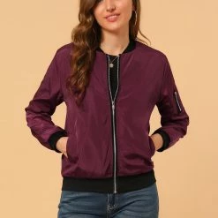 Allegra K Women's Windbreaker Outerwear With Pockets Casual Lightweight Zip Up Bomber Jacket