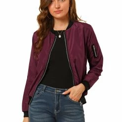 Allegra K Women's Windbreaker Outerwear With Pockets Casual Lightweight Zip Up Bomber Jacket
