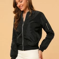 Allegra K Women's Windbreaker Outerwear With Pockets Casual Lightweight Zip Up Bomber Jacket