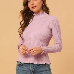 Allegra K Women's Classic-fit Lightweight Long Sleeves Ruffle Mock Neck Sweater