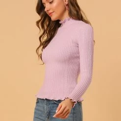Allegra K Women's Classic-fit Lightweight Long Sleeves Ruffle Mock Neck Sweater