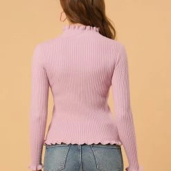 Allegra K Women's Classic-fit Lightweight Long Sleeves Ruffle Mock Neck Sweater