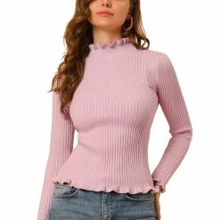 Allegra K Women's Classic-fit Lightweight Long Sleeves Ruffle Mock Neck Sweater