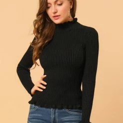 Allegra K Women's Classic-fit Lightweight Long Sleeves Ruffle Mock Neck Sweater