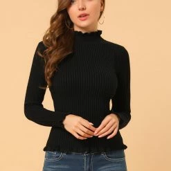 Allegra K Women's Classic-fit Lightweight Long Sleeves Ruffle Mock Neck Sweater