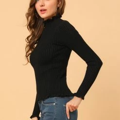 Allegra K Women's Classic-fit Lightweight Long Sleeves Ruffle Mock Neck Sweater